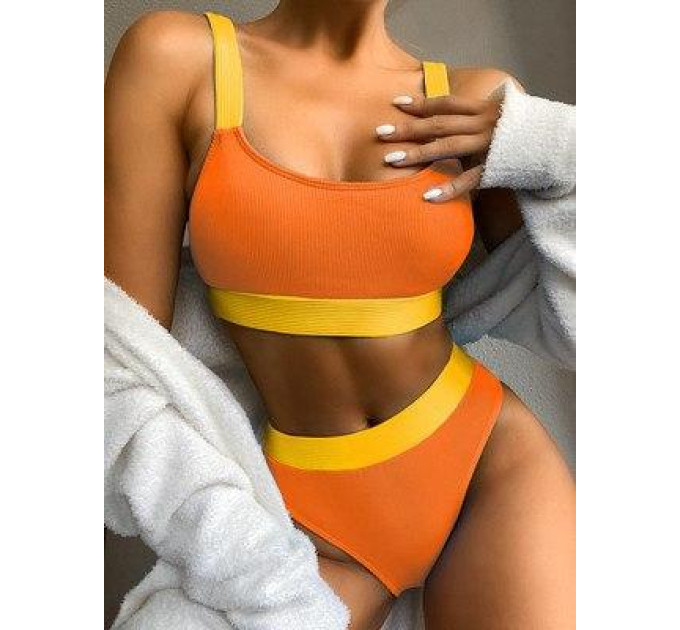 Купальник женский раздельный с топом в рубчик 5021-orange-L оранжевый