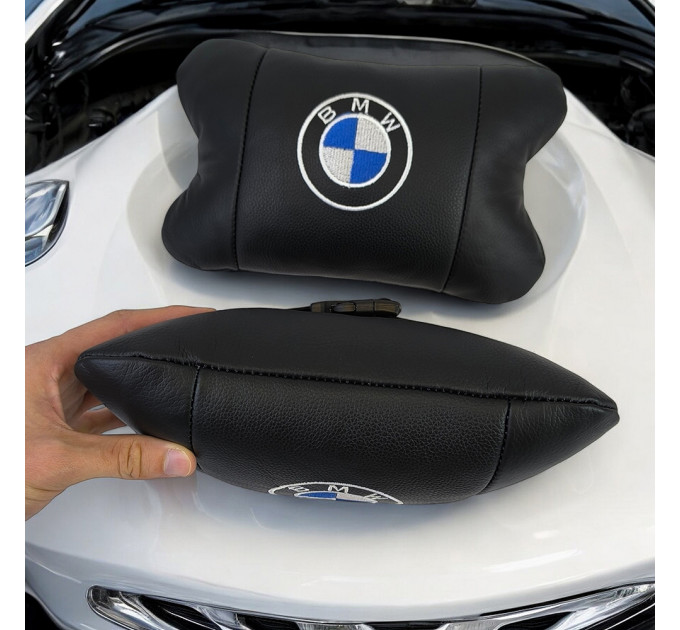 Авто подушки 2 шт — набор BMW из натуральной кожи, на подголовник в машину, Автомобильная подушка БМВ