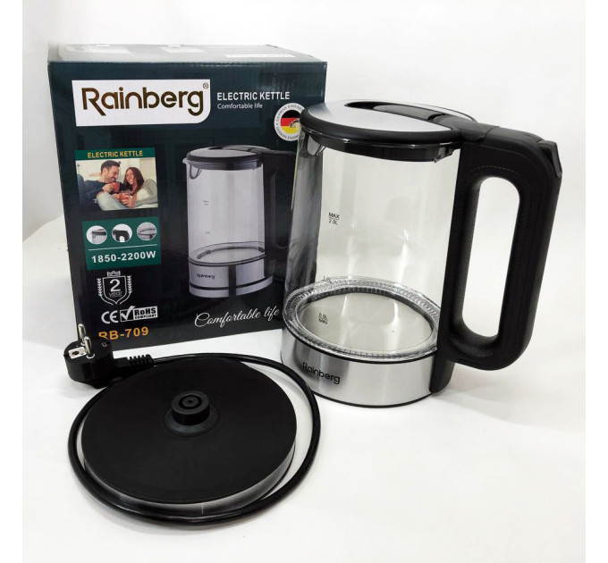 Дисковый электрический чайник Rainberg RB-709 2Л 2200Вт стеклянный с подсветкой, бесшумный чайник Black