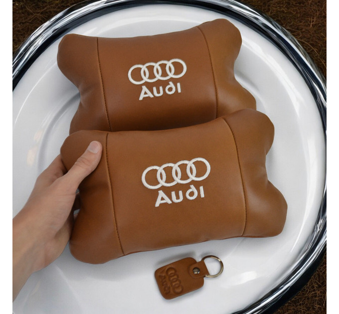 Набор из двух подушек на подголовник Audi, из натуральной коричневой кожи, Подарок мужчине водителю