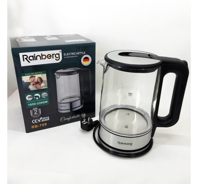 Дисковый электрический чайник Rainberg RB-709 2Л 2200Вт стеклянный с подсветкой, бесшумный чайник Black