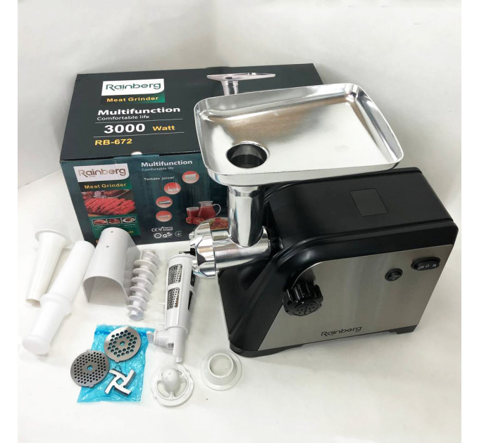 М'ясорубка Rainberg RB-672 3000W електрична з реверсом та соковижималкою, м'ясорубка електрична метал