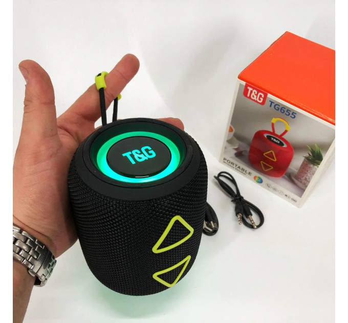 Портативна колонка TG655 5W з RGB підсвічуванням та ремінцем, Bluetooth колонка для вулиці. Колір: чорний