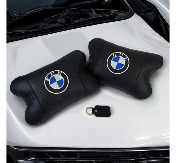 Авто подушки 2 шт — набор BMW из натуральной кожи, на подголовник в машину, Автомобильная подушка БМВ
