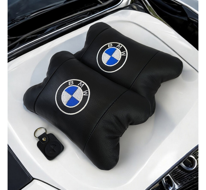 Авто подушки 2 шт — набор BMW из натуральной кожи, на подголовник в машину, Автомобильная подушка БМВ