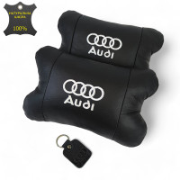 Набор автодушки 2шт на подголовник Audi / Ауди из натуральной кожи черная / Подголовник в машину