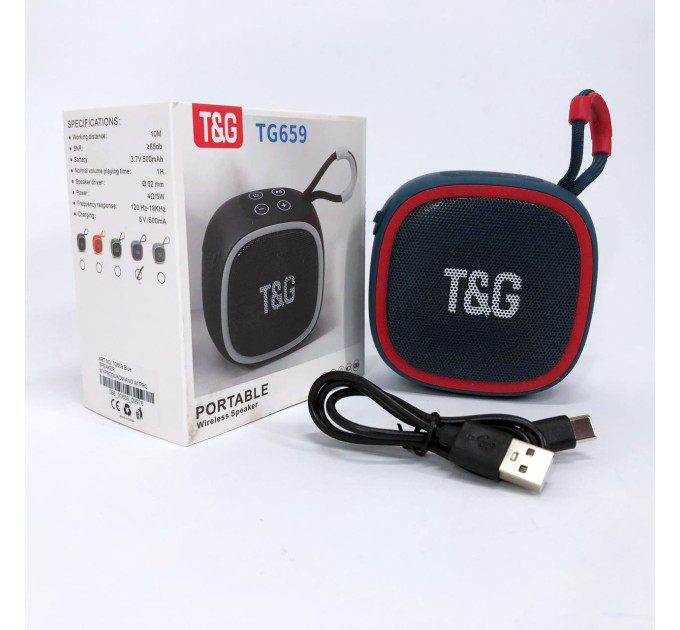 Портативна Bluetooth-колонка TG659 з ремінцем, Bluetooth колонка з підсвічуванням. Колір: синій
