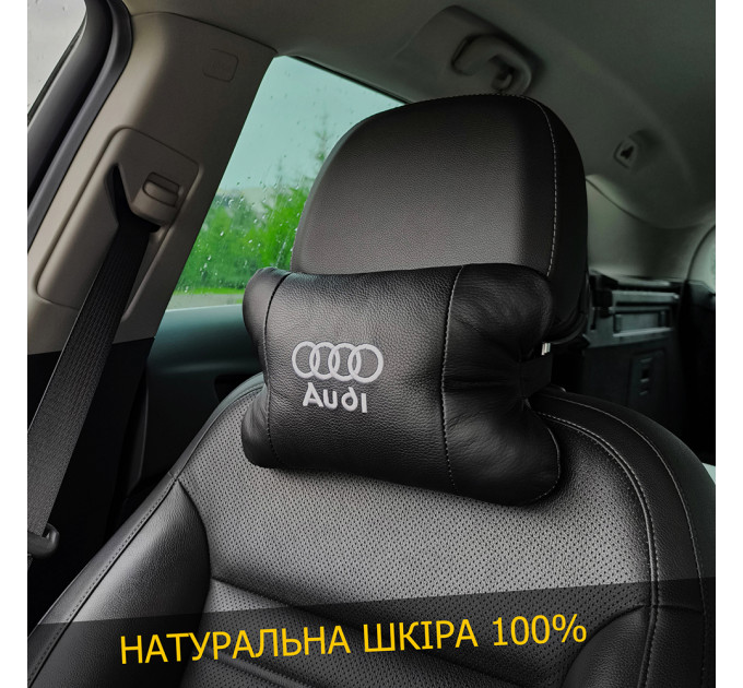 Набір автодушки 2шт на підголовник Audi / Ауді з натуральної шкіри чорна / Підголовник в машину