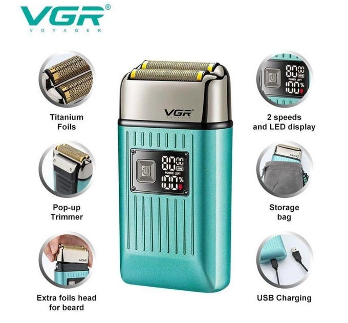 Электробритва портативная мужская VGR V-357 профессиональная бритва шейвер Green