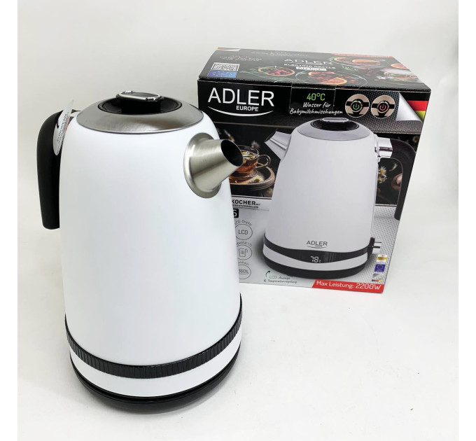 Чайник металевий Adler AD 1295w 1.7л 1850Вт електричний з терморегулятором 40-100 °С White