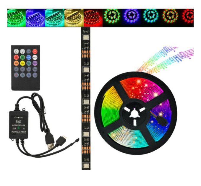 Світлодіодна стрічка SMD 5050 RGB LED 5 м IP65 з пультом та блоком живлення 220v, 5м, Стрічка світлодіодна 5050