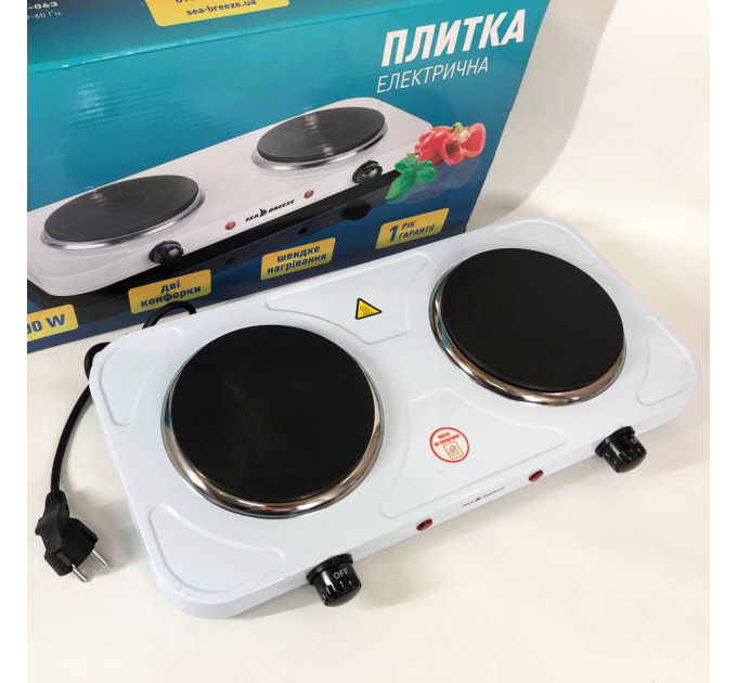 Настольная плита электрическая Sea Breeze SB-063, электроплита двойная, двухкомфорочная White
