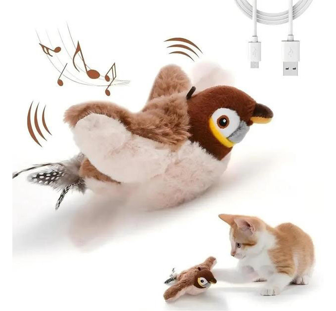 Интерактивная игрушка для кошек летающая птичка воробей для кота птица машет крыльями