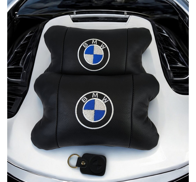 Авто подушки 2 шт — набор BMW из натуральной кожи, на подголовник в машину, Автомобильная подушка БМВ