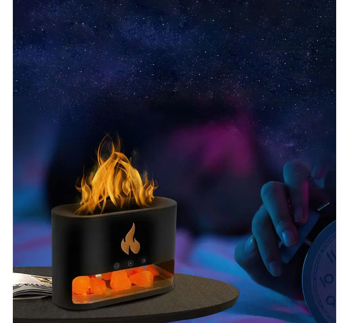 Лампа зволожувач повітря Docsal Flame 3 в 1 з соляним камінням, Портативний зволожувач лампа чорна