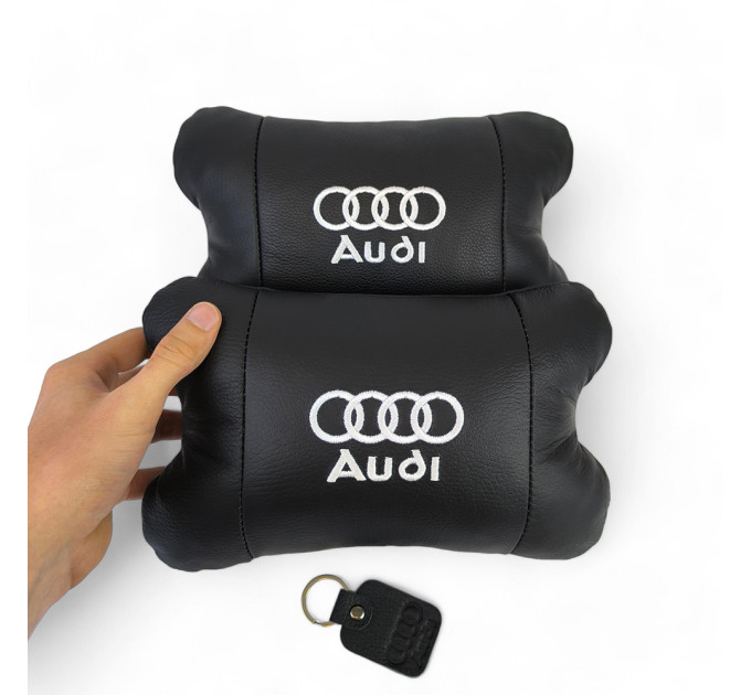 Набір автодушки 2шт на підголовник Audi / Ауді з натуральної шкіри чорна / Підголовник в машину