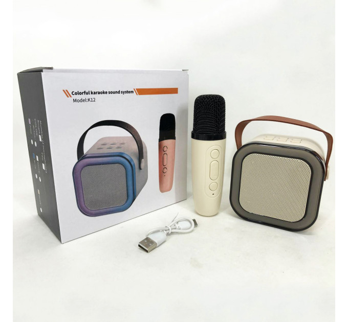 Портативная колонка с караоке микрофоном и RGB подсветкой K12 10W Bluetooth. Цвет: белый