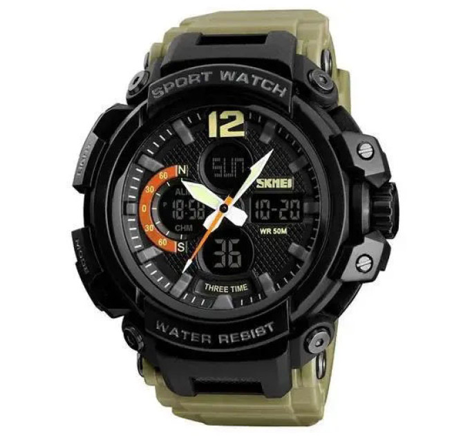 Часы наручные мужские SKMEI 1343KH KHAKI, водостойкие тактические часы. Цвет: хаки