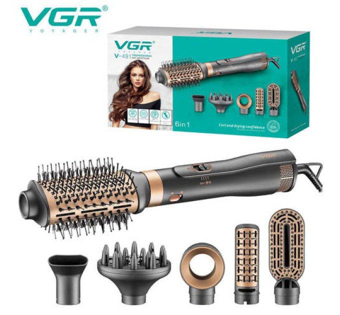 Фен стайлер для укладання та завивки волосся VGR V-491 6в1 Professional 1000Вт Фен з насадками