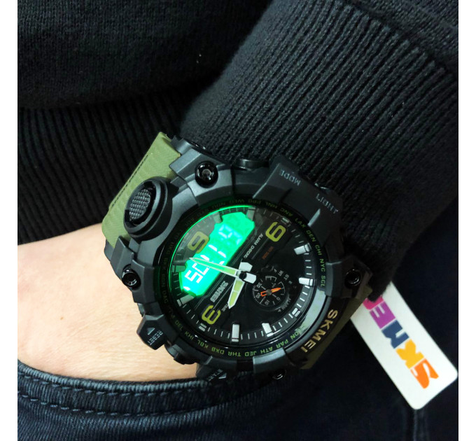 Часы наручные мужские SKMEI 1586AG ARMY GREEN, мужские армейские водостойкие тактические. Цвет: зеленый