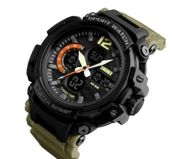 Часы наручные мужские SKMEI 1343KH KHAKI, водостойкие тактические часы. Цвет: хаки