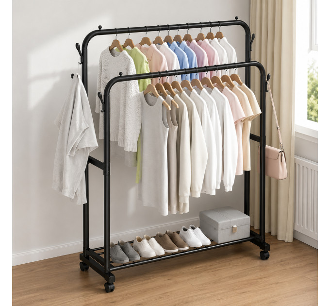 Подвійна стійка вішалка для одягу Double floor Hanger з полицею для взуття 143х110х42 Black
