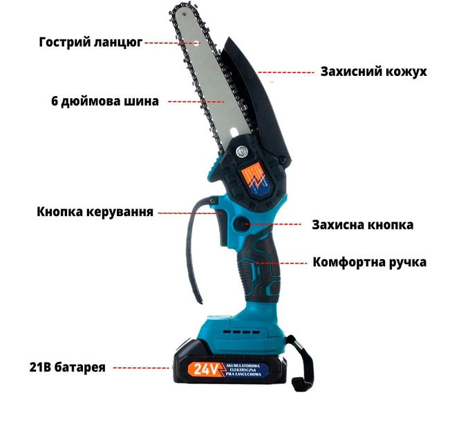 Акумуляторна ланцюгова міні пила 6" (15 см) Domotec 24V для обрізання дерев та розпилу дров, по дереву