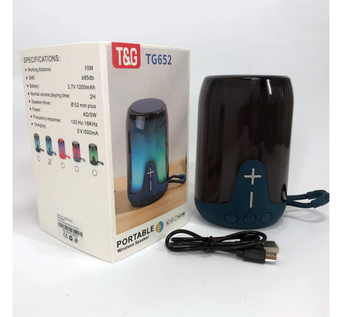 Акумуляторна переносна колонка TG652 5W з RGB підсвічуванням та ремінцем, блютуз колонка. Колір: синій