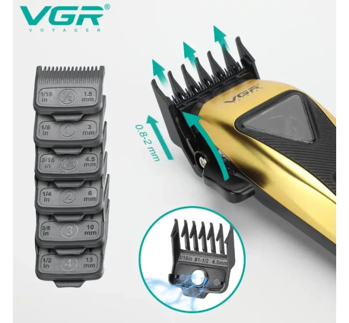 Машинка для стрижки VGR V-015 акумуляторна бездротова професійна 6 насадок