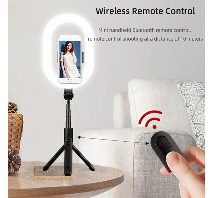 Монопод-штатив для селфи с кольцевой LED лампой Selfie Stick A8 телескопический с пультом и Bluetooth