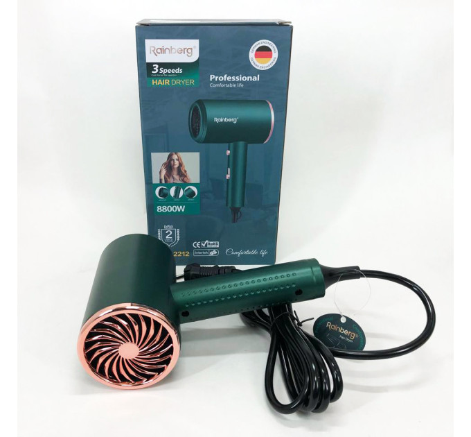 Фен Rainberg RB-2212 8800Вт з регуляцією температури та швидкості для сушіння та укладання волосся Green