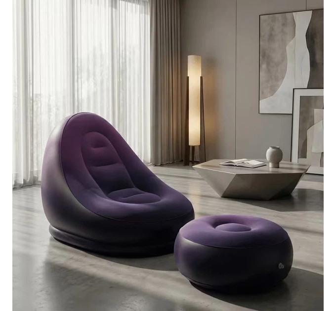 Надувное кресло с пуфом для отдыха AIR SOFA велюровое Purple