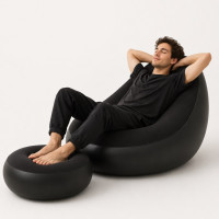 Надувное кресло с пуфом для отдыха AIR SOFA велюровое Black