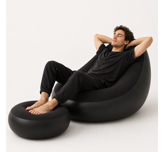 Надувное кресло с пуфом для отдыха AIR SOFA велюровое Black