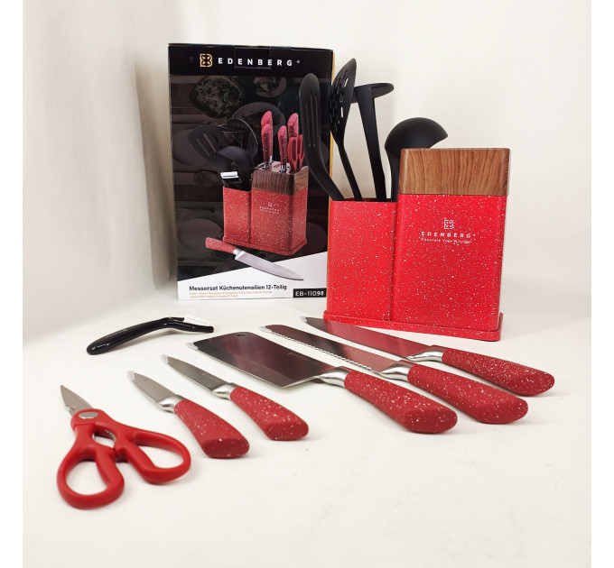Набір кухонних ножів Edenberg EB-11098 із 12 предметів на стійці Red