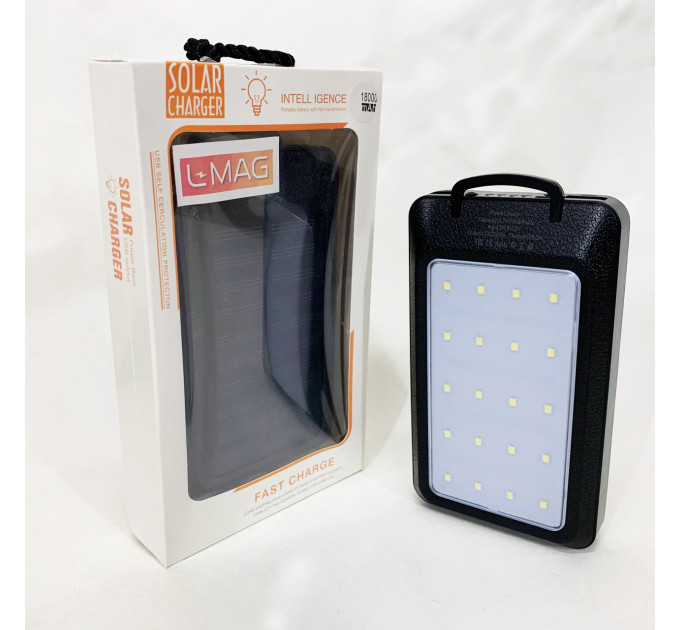 УМБ Power Bank Solar 18000 mAh мобільне зарядне з сонячною панеллю та лампою, Power Bank Charger Black