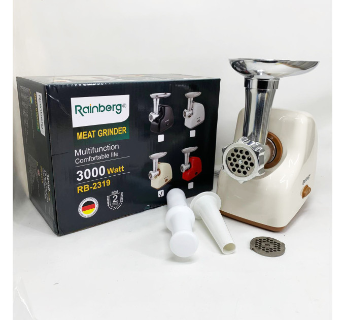 Мясорубка электрическая Rainberg RB-2319 с системой реверса насадка куббе 3000Вт Beige