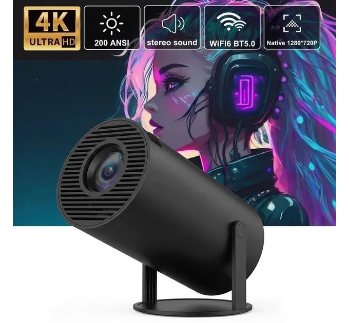 LED Проектор для дому портативний Смарт з WiFi Bluetooth Android 11 1280х720р Black