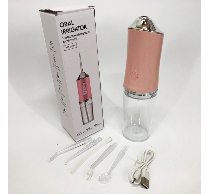Іригатор для чищення зубів та порожнини рота Oral Irrigator з акумулятором та змінними насадками Pink