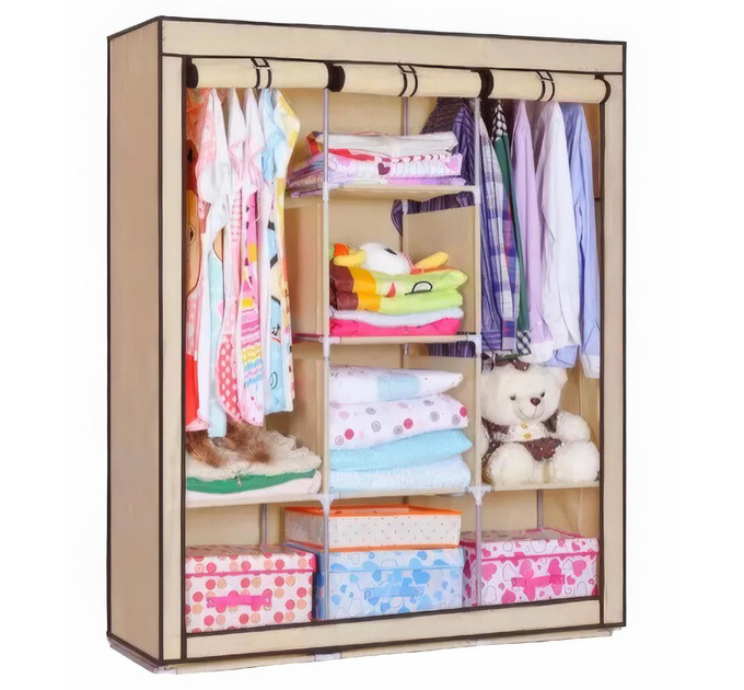 Шафа тканинна 3 секції складана з каркасом STORAGE WARDROBE 175 х 130 х 45 см Beige