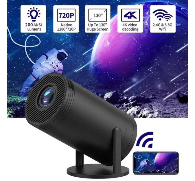 LED Проектор для дому портативний Смарт з WiFi Bluetooth Android 11 1280х720р Black