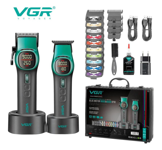 Комплект VGR 2 в 1 V-885 S2 GREEN, аккумуляторная машинка для стрижки и триммер