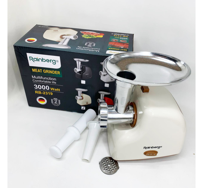Мясорубка электрическая Rainberg RB-2319 с системой реверса насадка куббе 3000Вт Beige