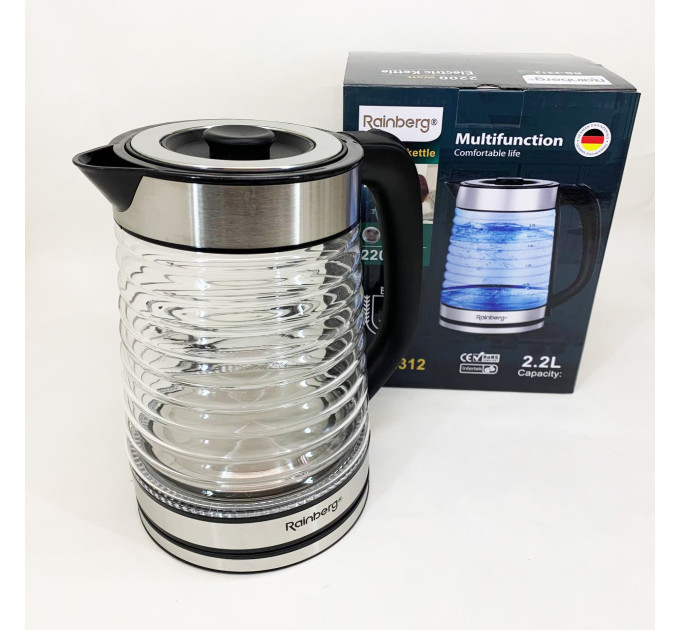 Электрочайник Rainberg RB-2312 стеклянный дисковый чайник 2.2л 2200Вт Silver