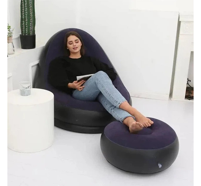 Надувное кресло с пуфом для отдыха AIR SOFA велюровое Purple