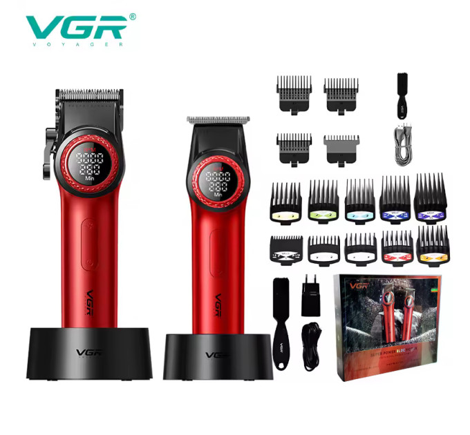 Набор VGR 2 в 1 V-001 V-977 RED, аккумуляторная машинка для стрижки и триммер. Цвет: красный