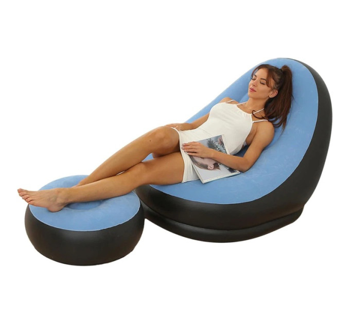 Надувное кресло с пуфом для отдыха AIR SOFA велюровое Blue