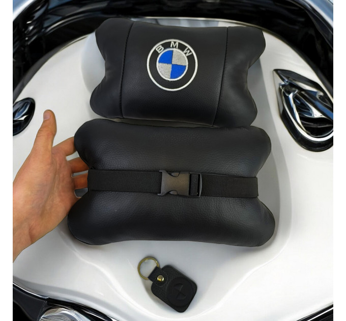 Авто подушки 2 шт — набор BMW из натуральной кожи, на подголовник в машину, Автомобильная подушка БМВ