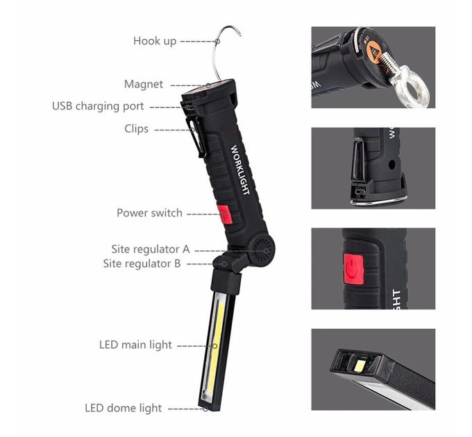 Ліхтар кемпінг W51-SMD+COB, поворот на 180º+180º, магніт, затискач, гак для підвісу, вбудований акумулятор