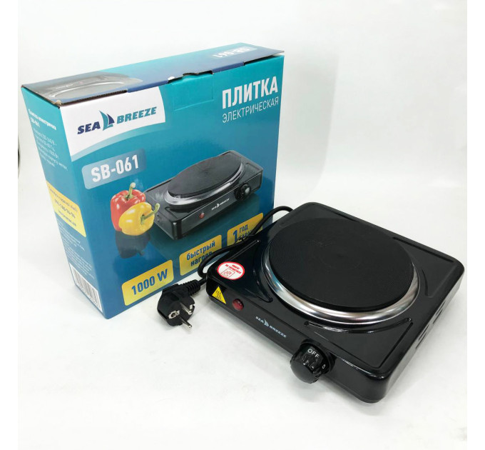 Настольная плита электрическая Sea Breeze SB-061 1000 Вт, переносная компактная электроплита. Цвет: черный